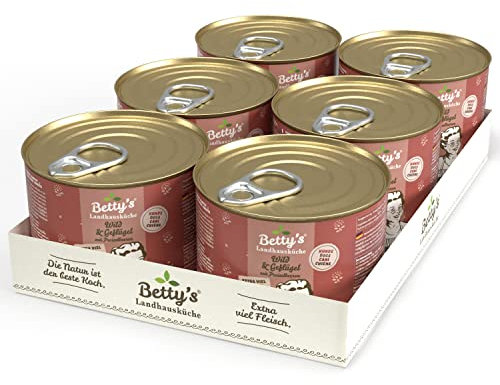 Betty's Landhausküche Hund Geflügel & Wild mit Preiselbeeren 6 x 200 g Für alle Hunderassen geeignet Hohe Bioverfügbarkeit Wir achten auf Beste Qualität