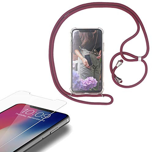 Eximmobile - Handykette kompatibel mit Samsung Galaxy A40 in Rot + Panzerfolie Schutzhülle Handy Hülle Band Seil Schnur Case Umhängen Handytasche Umhängehülle Kette Kordel Silikoncase