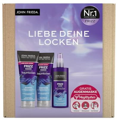 John Frieda Traumlocken Vorteils-Set für lockiges - Shampoo, Conditioner, Styling Spray & gratis MegRhythm Augenmaske - Für schwungvoll definierte Locken - Versorgt das Haar mit Feuchtigkeit