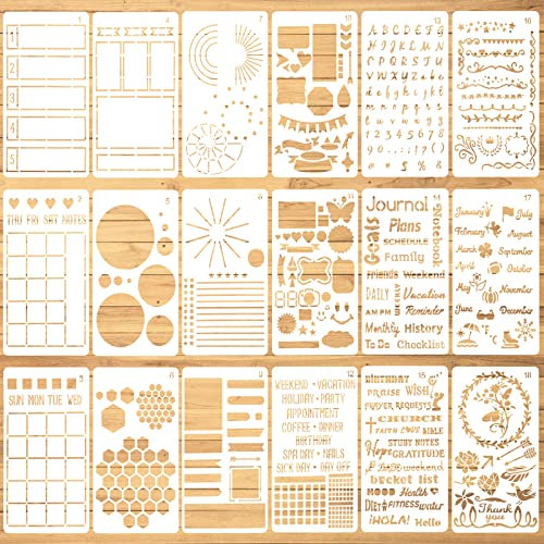 Aster 18 Stück Journal Schablonen Tagebuch Stencils Set, Wiederverwendbares Bullet Schablonen Malerei Vorlage Zubehör für DIY Geschenkkarten Journal Notizbuch Scrapbook Kalender