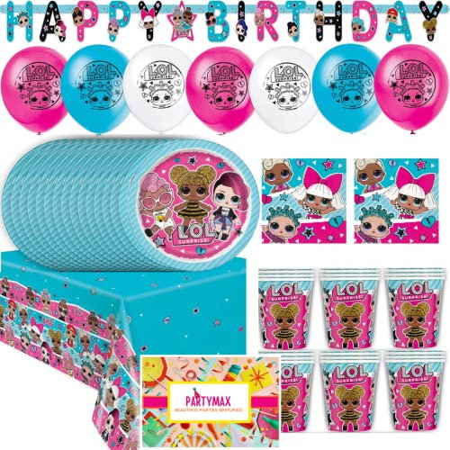 Partymax Lol Surprise Party Pack Kids Birthday Tableware 58 Pieces LOL Party Supplies Serves 16- Lol Plates Cups Napkins Table cover Balloons and Happy Birthday Banner