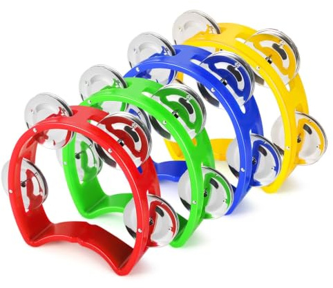 Flexzion Tambourine for Adults Hand Bell Percussion Musical Instruments Set of 4 Pack (4 Colors) - Music Half Moon Mini D Handheld Shaker with 4 Pairs Metal Jingle Bells