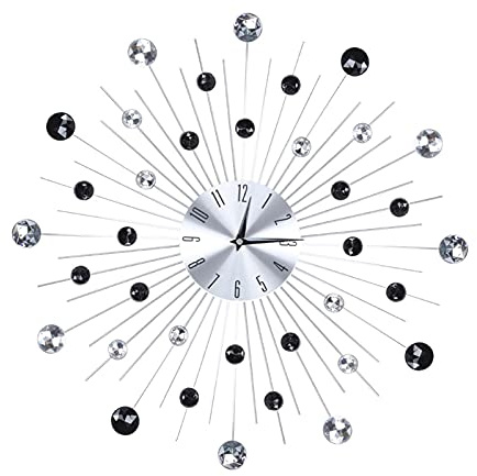 GOTOTOP Wanduhr 51cm 3D Kristall, Silber Schwarz Diamanten | AA Batterie, Wohnzimmer Schlafzimmer, 1kg, Dekoration