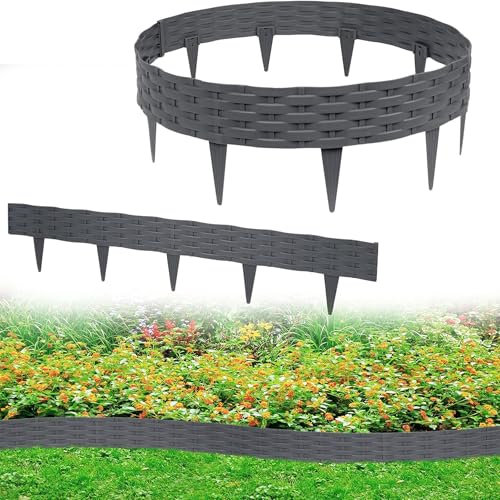 YRHome 5m Rasenkante Beeteinfassung Beetumrandung Gartenpalisade mit 5 Elemente á 100 cm Kunststoff Rattan Design Beetzaun Weidezaun Palisaden Biegbarer UV-beständig Wetterfest Erdspieß Anthrazit