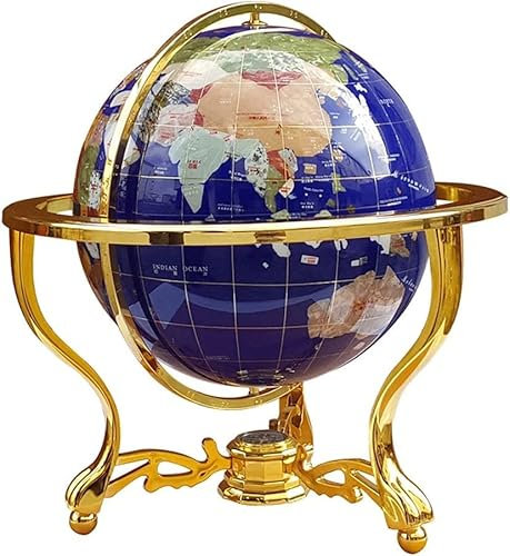 SZWH Weltkugel aus natürlichem Edelstein mit Zinklegierungsständer High-End-Globus Handgefertigter Vintage-Geografischer Globus 17,7 Höhe 12,9 Durchmesser