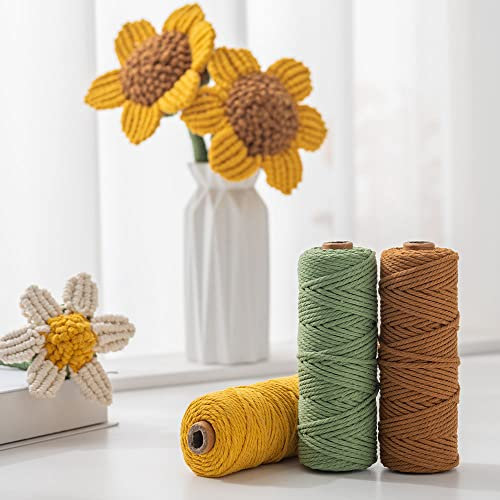 HanCheng 60m x 3mm Makramee Garn Bunt 3er Set,Farbig Makramee Set mit 8 Sticks Grün Basteldraht,Geschenkpapier,Geschenkband,Stecknadeln, DIY Sonnenblumen Set—Karamell,Senf Gelb,Avocado Grün