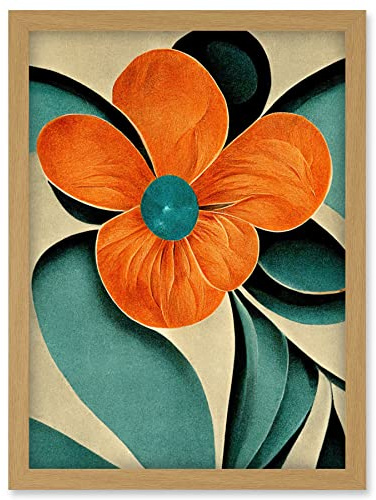 Doppelganger33 LTD Bold Art Deco Flowers Teal Orange Cream Poppy Artwork Framed Wall Art Print A4