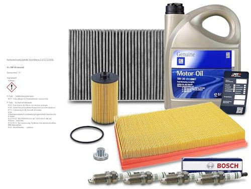 ATEC Germany Inspektionspaket Filterset mit 1x Luftfilter, 1x Innenraumfilter, 4x Zündkerze, 1x Motoröl 5W-30 OPEL dexos2® 5 l Kompatibel mit OPEL ASTRA G (T98) (F35), ASTRA H (A04), ASTRA J GTC,