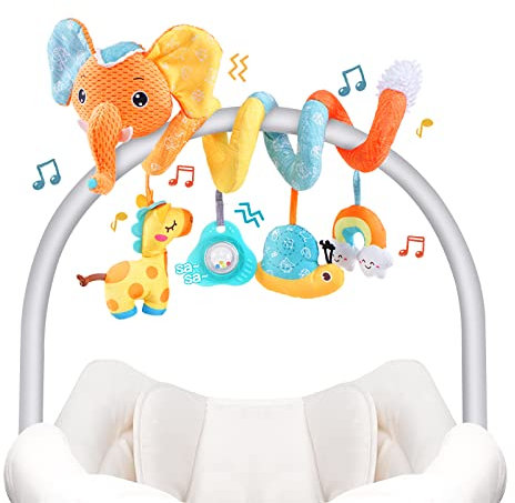 Koty Autositz-Spielzeug, Baby-Spirale, Plüsch, zum Aufhängen, für Kinderwagen, Bar, Kinderwagen, Kinderbett, mit Spieluhr, BB-Quietscher und Rasseln(Orangefarbener Elefant)