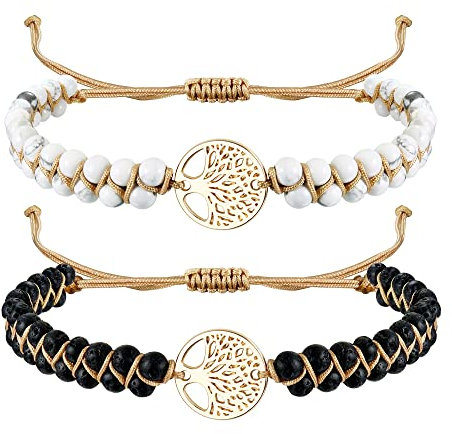 Dochais 2PCS Edelstein Perlen Armreifen Armband Damen,Damen Yoga Armband,Damen Armband Handgefertigt,Armband Baum des Lebens (Schwarz+Weiß)