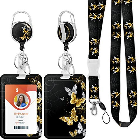 ID Badge Holder mit Lanyard, einziehbare ID Badge Card Holders Abnehmbare Hals Lanyard Strap mit Badge Reel und vertikale ID-Halter für Krankenschwester Studenten (Butterfly)