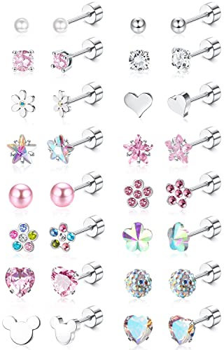 Diamday 16 Pairs Screw Back Earrings Stud for Women Girls Surgiacl Steel 20G Small Cartilage Stud Earrings CZ Heart Flower Star Ball Screwback Flat Back Stud Earrings Set Multicolored 1