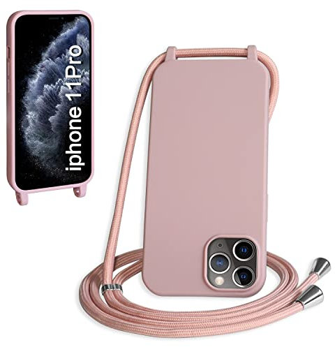 WenBaby Funda con Cuerda para iPhone 11 Pro, Líquida Silicona Carcasa con Cordón Ajustable Collar Correa de Cuello, Cubierta Prueba Golpes con Microfibra Forro (Rosa de Arena)