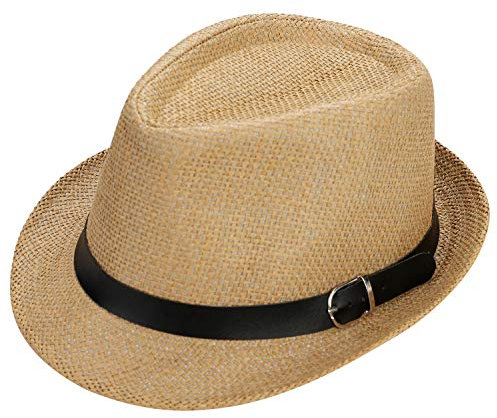 LONTG Summer Fedora Hat Trilby Hat Straw Panama Hat for Men Straw Sun Hat Cowboy Hat Jazz Cap Beach Sun Cap with Band Khaki