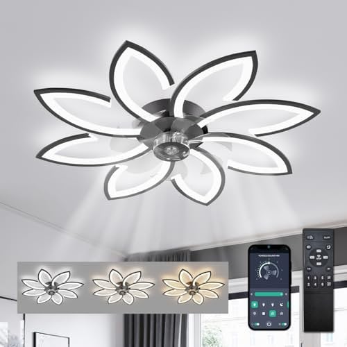 Ventilador de Techo con Luz y Mando a Distancia, Lampara Ventilador Techo Silencioso, Ventiladores de Techo flor Diseño Moderno, Regulable, Función Memoria, Motor DC, Verano Invierno Reversible, Noir
