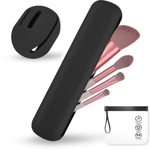 JIZZU Porte Pinceaux et Porte Eponge Maquillage Silicone, Étui à Pinceau de Maquillage Douce Silicone Portable avec Sac de Rangement Cosmétique pour Voyage Home Organisateur Maquillage (Noir)
