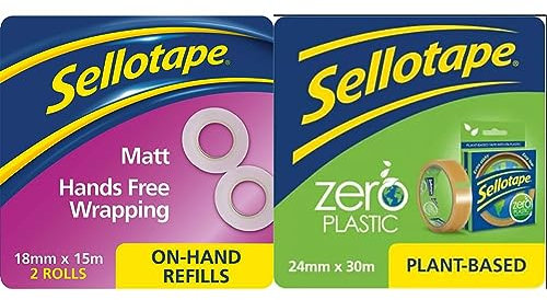 Sellotape On Hand Invisible Refills Matt Tape, Zero Plastic Multi-Purpose Clear Packaging Tape for Sticking Envelopes or Cards, Easy to Use