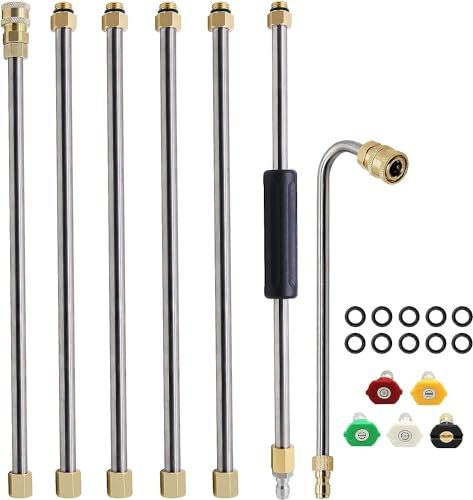 Lot de 7 Ensemble de baguette d'extension pour nettoyeur haute pression, lance pour nettoyeur haute pression, outil de nettoyage de gouttière, avec 5 embouts de buse,10 anneaux anti-fuite (Argent)