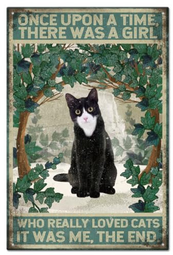 GLOBLELAND Vintage schwarze Katze Metall Blech Zeichen Schwarze Katze im Busch Einmal gab es ein Mädchen, das Katzen wirklich liebte Es war ich Das Ende Poster Art Decor für Pubs 11.8x7.8inch