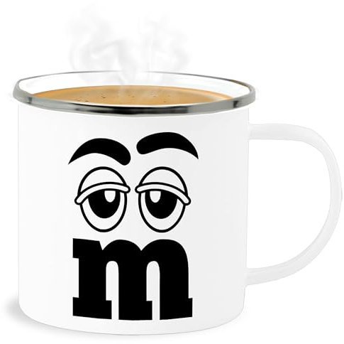 Emaille Becher Blechbecher - Karneval & Fasching - Tassen - M und M Figuren Aufdruck M&M - 300 ml - Weiß Silber - fasching- mm tasse carnevale buchstabe karnevals mit faschings m‘s verkleidet