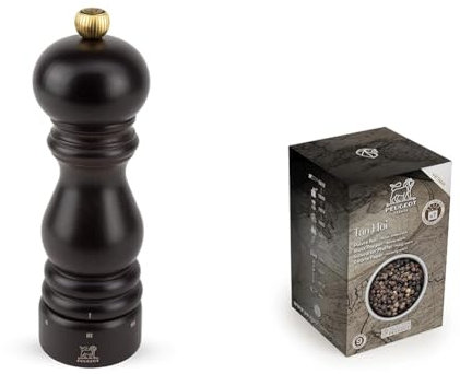 Peugeot - Paris u'Select Manual Pepper Mill - Adjustable Grinder - Beechwood, Chocolate, 18 cm + PEUGEOT 42400 Tan Hoi Vietnamese Black Peppercorns, 140g, Wood