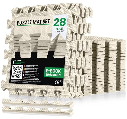 unycos - Bodenschutzmatte Set, 28 Teile, Puzzlematte【30x30x1 cm】 rutschfeste Schutzmatten per Fitnessraum und Sportgeräte, Gymnastikmatte, Trainingsmatte, Yogamatte, Wasserdicht, Ungiftig (Weiß)