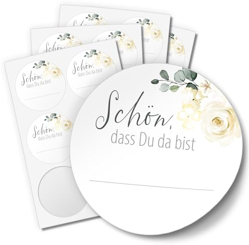 48 Aufkleber SCHÖN, DASS DU DA BIST für Hochzeit Geburtstag Danke Taufe Etiketten rund 4cm, Rose Blume weiss
