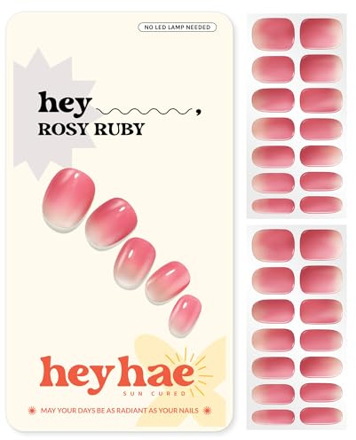 Heyhae Semi Cured Gel Nail Strips - Hey, Hot Girl Walk? / Rosy Ruby | Pink Ombre | Sun Cured No UV Light Needed, Salon Quality, Easy Apply & Remove | 28 Strips, Prep Pad, Nail File, Wooden Stick