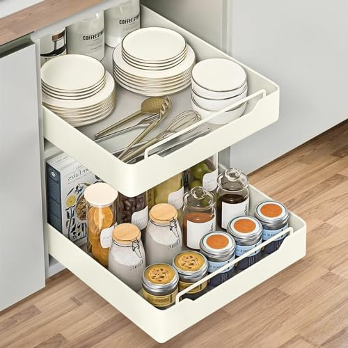 beibijio Sliding Drawers for Kitchen Cupboard, Kitchen Pull Out Drawer, Nordic Drawer Storage, Pull Out Shelf for Cupboard, Slide Out Drawer Storage Shelves, No Drill Adjustable Drawers Organiser