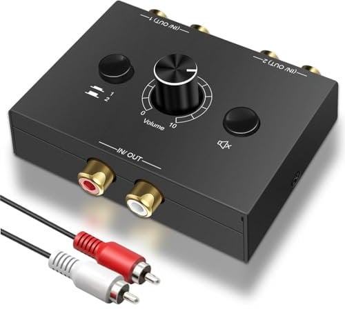 RCA L/R Commutatore Audio Switch 2(1)-In-1(2)-Out, Interruttore Audio L/R Stereo Analogico con Controllo Del Volume, Switch Audio Stereo Bidirezionale per Ampli Cuffie PC Casse Altoparlanti Phono