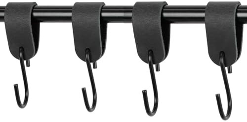 Handles and More - 4X S Haken für Kleiderstangen - Vintage Schwarz - Größe L - für max. Durchmesser 30mm - Kleiderhaken mit Lederschlaufe - Garderobenhaken aus echtem Leder - Fleischerhaken Garderobe