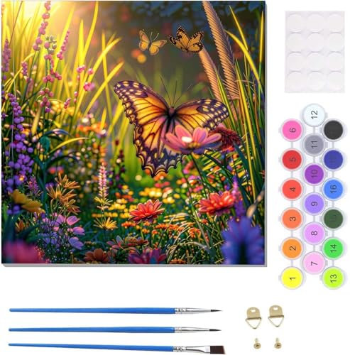 Schmetterling Blume Busch Malen Nach Zahlen Erwachsene, Handgemalt Ölgemälde Leinwand Kits, Bastelset AnfäNger Knitterfreie Leinwand, Pinsels Und Acrylfarbe Malen Nach Zahlen Geschenk 45x45cm U-3747