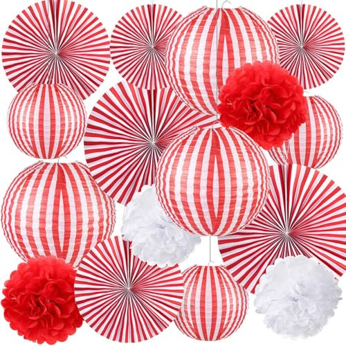 Hortsun 16 Stück Karneval Zirkus Party Dekorationen Rot und Weiß Streifen Papierlaternen Fächer Papierblumen für Karneval Zirkus Geburtstag Babyparty Weihnachten Halloween Dekoration 8/12/16 Zoll
