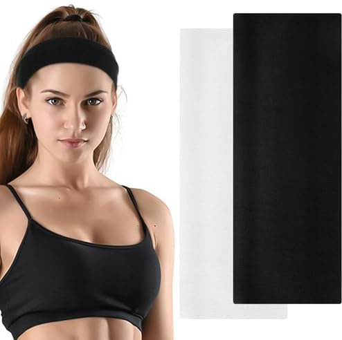 2 Stück Elastisches Stirnband Dünn Damen Schwarz Weiß 7 cm Breit Haarband Damen Weicher Stoff Stirnbänder für Laufen Sport Yoga Headbands Damen Haarbänder