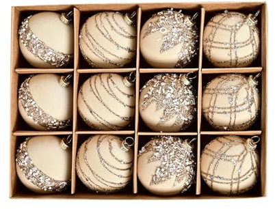 12 Velvet Christmas Balls Set - Flocked Tree Balls With Sparkling Diamonds, Shatterproof Plastic, Beige