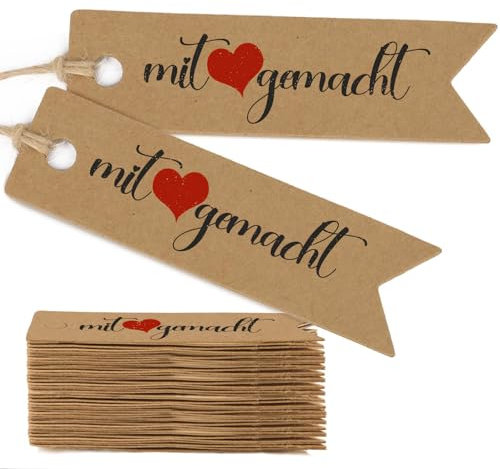 50 Geschenkanhänger Kraftpapier Anhänger Etiketten - Mit Liebe Gemacht,Handmade with Love Anhänger Etiketten Tags für Hochzeit Weihnachten Geschenk Verpackung Anhängeschilder