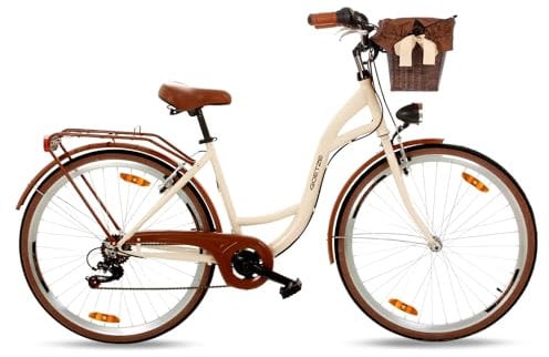 Goetze Mood 28 Zoll Damen Citybike, 18 Zoll Rahmen, 7-Gang Kettenschaltung, V-Bremse vorne & hinten, LED-Beleuchtung, Gepäckträger, Komfortsattel, Schutzbleche, Rattankorb mit Stoffeinsatz!