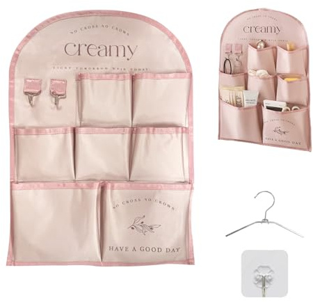 Betttasche Bettablage Nachttisch zum Einhängen, Wandorganisator mit 7 Fächern Kleine Frische Stil Große Kapazität Stoff Tasche Ideal für die Aufbewahrung Kleiner Gegenstände 54.5*35CM Rose Rosa