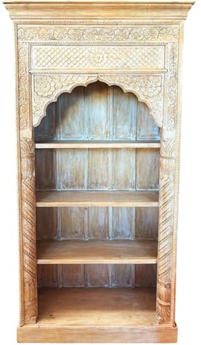 Handgeschnitztes Regal aus Teak Massivholz – 197 cm, Vintage Braun | Standregal für Wohnzimmer, Diele & Schlafzimmer | Offenes Bücherregal, Raumteiler & Wandregal ohne Bohren Muster -47-