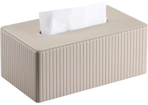 KINGFOM PU Leather Tissue Box Cover Rectangular Tissue Box Holder with Magnetic Bottom, Napkin & Facial Tissue Holder Dispenser for Home, Office (Decorative Pattern-PU Leather, Beige Stripe)