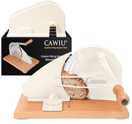 CAWIU Upgraded Manual Bread Slicer for Homemade Sourdough Round with Cover | Adjustable Thickness Sourdough Bread Slicer, Bread Cutter with Hand Crank, Slicing Guide, Scale Line for Even Slices, Cream