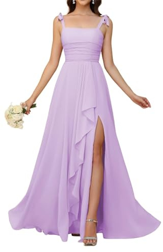 KURFACE - Vestidos de dama de honor con tirantes de espagueti de gasa para mujer, cuello de guante plisado, largo, vestido formal de noche, Lila, 38