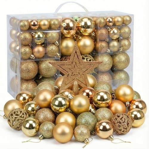 Juego de 101 Adornos navideños Dorados, Bolas de 3–6 cm (Brillantes, Mate y Huecas), Kit Completo para Decorar el árbol y el hogar