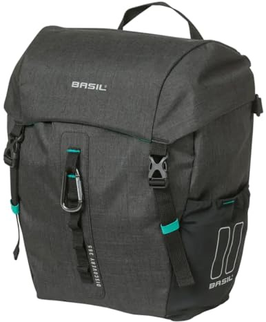 Basil Fahrrad Einzeltasche M MIK Hooks – 9L – Polyester – Außentaschen – Abnehmbarer Schultergurt – Regenschutz – Karabinerhaken – Reflektierend – Schwarz Meliert