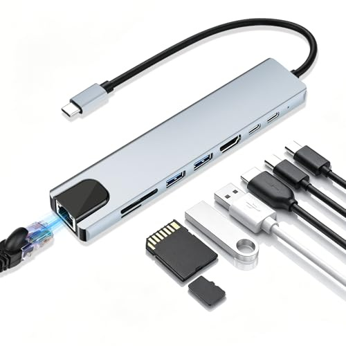 8-in-1 USB C Hub Dockingstation mit HDMI 4K@30Hz, 100W PD, RJ45 Ethernet, SD/TF Kartenleser, USB 3.0/2.0, USB C Hub HDMI Ethernet, USB C LAN Adapter für MacBook, iPad, Laptop