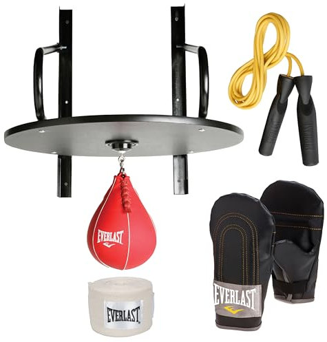 Everlast Unisex Erwachsene Sport Boxen Speed Bag Kit 6 Teilig (Holzplattform, Speedbag, Drehgelenk, Handwraps, Boxhandschuhe, Springseil)