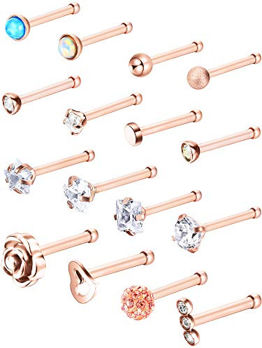 JOVITEC 16 Pieces Nose Stud Set Nose Studs Cartilage Tragus Piercing Rose Ball Labret Jewelry, 20 G