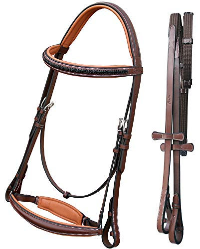 EXION Dressurtrense mit geflochtenem Stirnband, Kurbel Reithalfter & Antidruck Krönstück für Pferde - Netzzügel inklusive