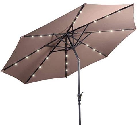 RELAX4LIFE Sonnenschirm Ø3M, Gartenschirm mit LED, Marktschirm Sechseck, Terrassenschirm mit Kurbelmechanismus, Kurbelschirm UV-beständig und Wasserabweisend, Ampelschirm Metallstruktur (Braun)