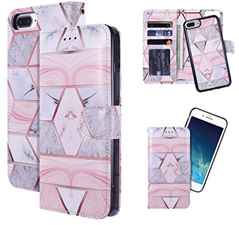 QLTYPRI Case for iPhone 6 Plus 6S Plus, Premium PU Leather Rubber Silicone Bumper Credit Card Holder Cash Pocket Magnetic Detachable Wallet Case Cover - Pink Marble